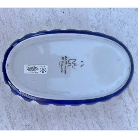 Polish Pottery Oval Dish Sm. Casserole 8"x5" Blue Peacock Eye Pattern Handmade - Picture 7 of 9